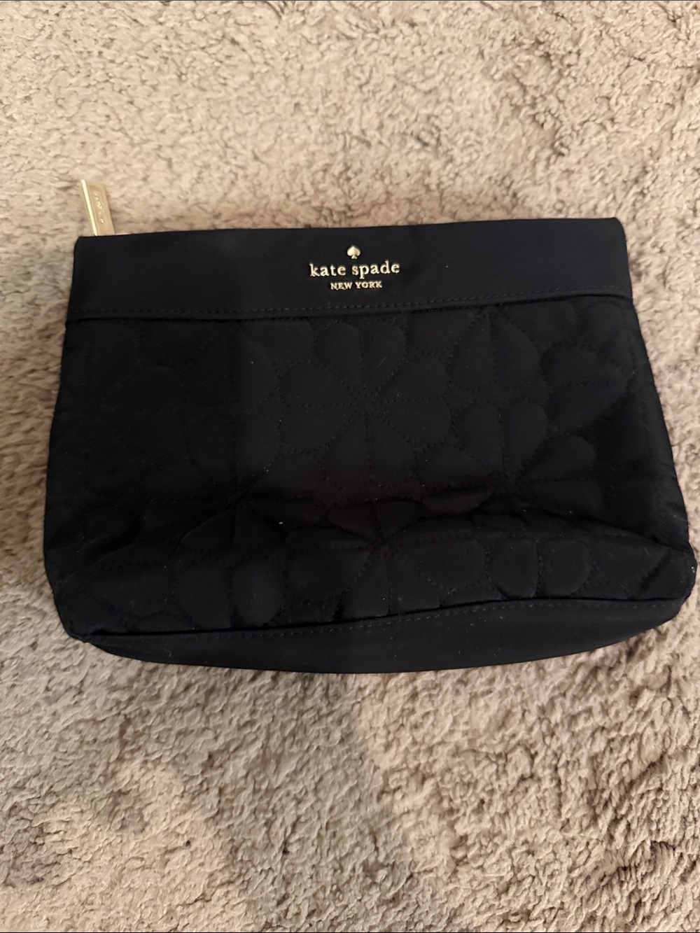 kate spade Black Quilted Floral Cosmetic Pouch with Gold Logo